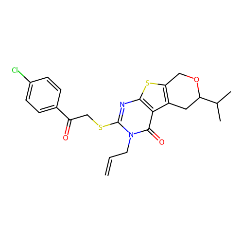 2-{[2-(4-chlorophenyl)-2-oxoethyl]sulfanyl}-6-(propan-2-yl)-3-(prop-2-en-1-yl)-3,5,6,8-tetrahydro-4H-pyrano[4',3':4,5]thieno[2,3-d]pyrimidin-4-one structure