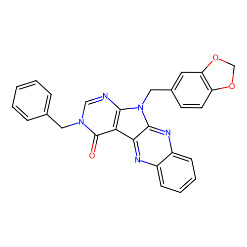 11-(1,3-benzodioxol-5-ylmethyl)-3-benzyl-3,11-dihydro-4H-pyrimido[5',4':4,5]pyrrolo[2,3-b]quinoxalin-4-one structure