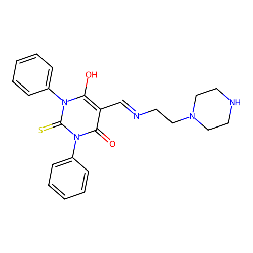 1,3-diphenyl-5-[(2-piperazin-1-ylethylamino)methylidene]-2-sulfanylidene-1,3-diazinane-4,6-dione structure