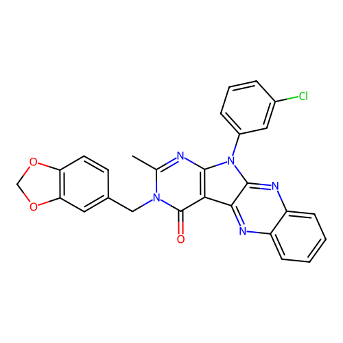 3-(benzo[d][1,3]dioxol-5-ylmethyl)-11-(3-chlorophenyl)-2-methyl-3H-pyrimido[5',4':4,5]pyrrolo[2,3-b]quinoxalin-4(11H)-one structure