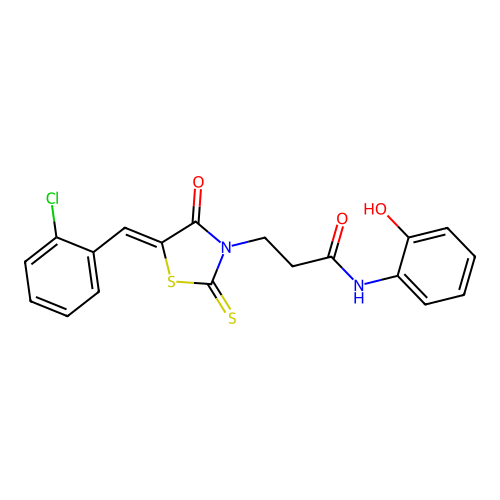 3-[(5Z)-5-(2-chlorobenzylidene)-4-oxo-2-thioxo-1,3-thiazolidin-3-yl]-N-(2-hydroxyphenyl)propanamide structure