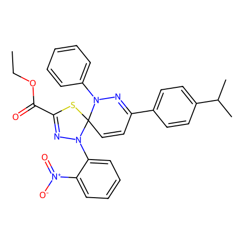 ethyl 1-(2-nitrophenyl)-6-phenyl-8-[4-(propan-2-yl)phenyl]-4-thia-1,2,6,7-tetraazaspiro[4.5]deca-2,7,9-triene-3-carboxylate structure