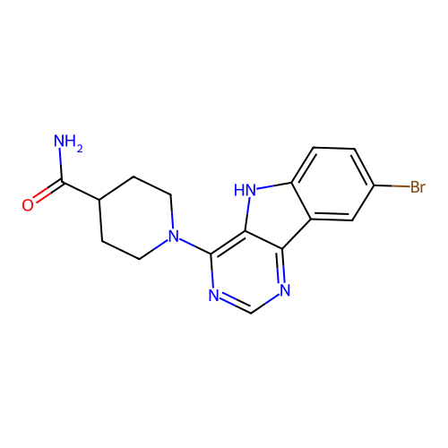 1-(8-bromo-5H-pyrimido[5,4-b]indol-4-yl)piperidine-4-carboxamide structure