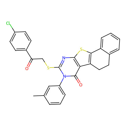 9-((2-(4-chlorophenyl)-2-oxoethyl)thio)-8-(m-tolyl)-5,6-dihydronaphtho[2',1':4,5]thieno[2,3-d]pyrimidin-7(8H)-one structure