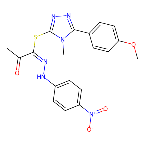 (E)-5-(4-methoxyphenyl)-4-methyl-4H-1,2,4-triazol-3-yl N'-(4-nitrophenyl)-2-oxopropanehydrazonothioate structure