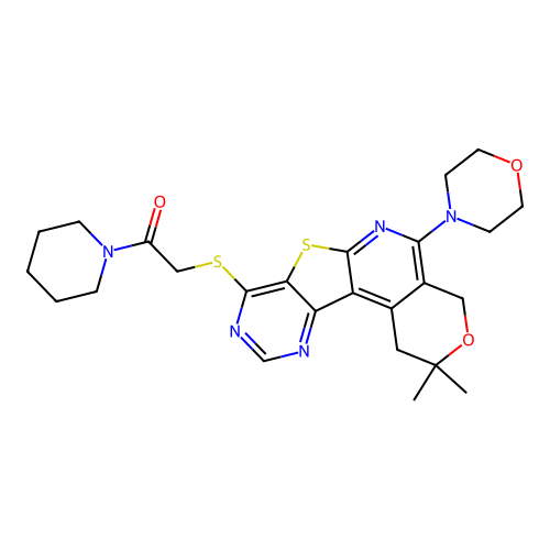 2-((2,2-dimethyl-5-morpholino-2,4-dihydro-1H-pyrano[4'',3'':4',5']pyrido[3',2':4,5]thieno[3,2-d]pyrimidin-8-yl)thio)-1-(piperidin-1-yl)ethanone structure