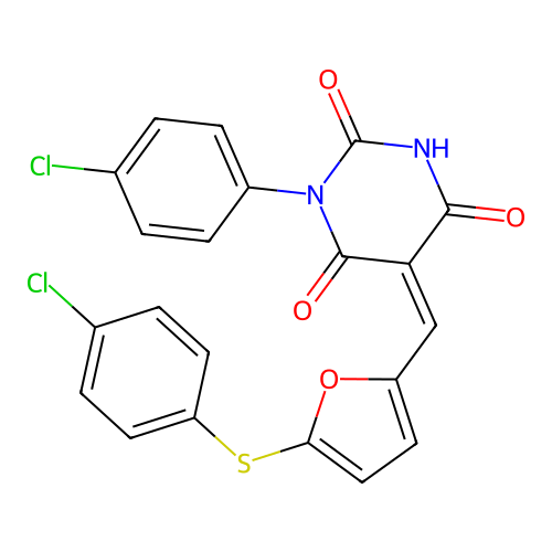(5Z)-1-(4-chlorophenyl)-5-[[5-(4-chlorophenyl)sulfanylfuran-2-yl]methylidene]-1,3-diazinane-2,4,6-trione structure