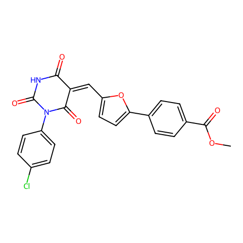 (Z)-methyl 4-(5-((1-(4-chlorophenyl)-2,4,6-trioxotetrahydropyrimidin-5(2H)-ylidene)methyl)furan-2-yl)benzoate structure