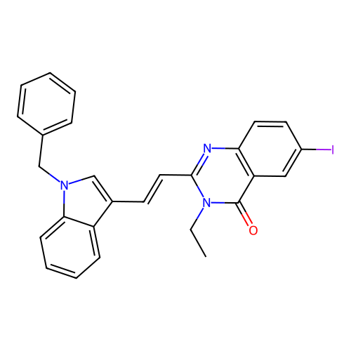 2-[(E)-2-(1-benzyl-1H-indol-3-yl)ethenyl]-3-ethyl-6-iodoquinazolin-4(3H)-one structure