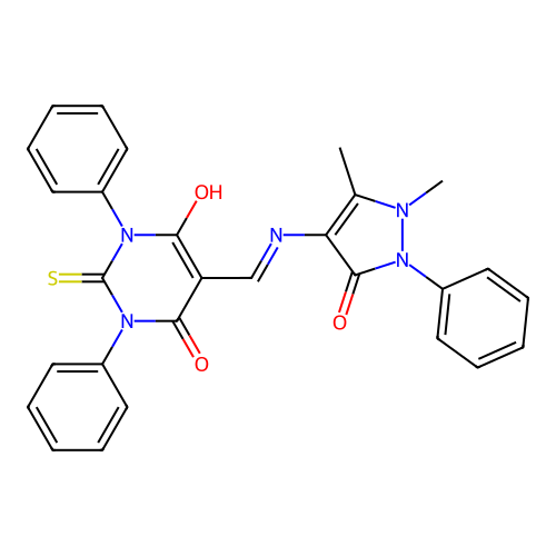5-(((1,5-dimethyl-3-oxo-2-phenyl-2,3-dihydro-1H-pyrazol-4-yl)amino)methylene)-1,3-diphenyl-2-thioxodihydropyrimidine-4,6(1H,5H)-dione structure