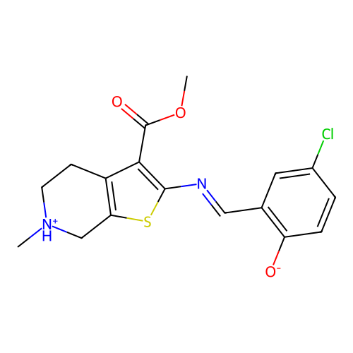 4-chloro-2-[(E)-(3-methoxycarbonyl-6-methyl-4,5,6,7-tetrahydrothieno[2,3-c]pyridin-6-ium-2-yl)iminomethyl]phenolate structure