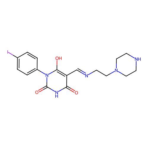 1-(4-iodophenyl)-5-[(2-piperazin-1-ylethylamino)methylidene]-1,3-diazinane-2,4,6-trione structure