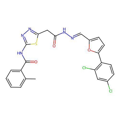 (E)-N-(5-(2-(2-((5-(2,4-dichlorophenyl)furan-2-yl)methylene)hydrazinyl)-2-oxoethyl)-1,3,4-thiadiazol-2-yl)-2-methylbenzamide structure