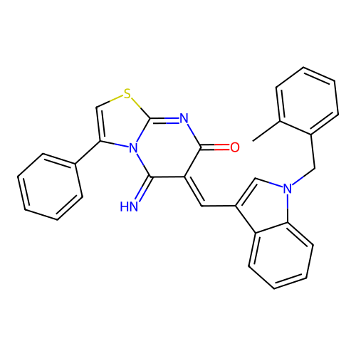 (6Z)-5-imino-6-{[1-(2-methylbenzyl)-1H-indol-3-yl]methylidene}-3-phenyl-5,6-dihydro-7H-[1,3]thiazolo[3,2-a]pyrimidin-7-one structure
