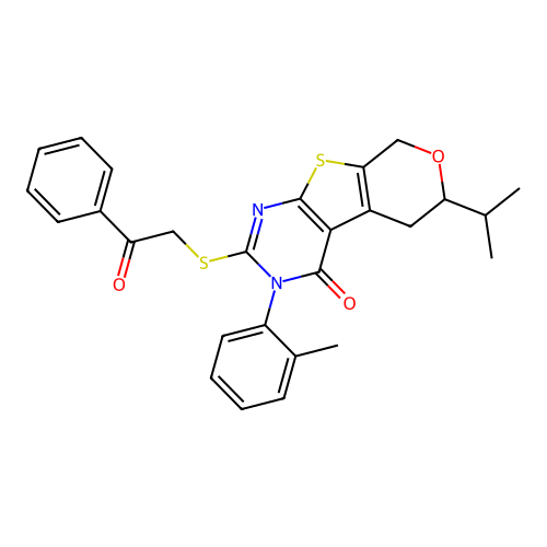 3-(2-methylphenyl)-2-[(2-oxo-2-phenylethyl)sulfanyl]-6-(propan-2-yl)-3,5,6,8-tetrahydro-4H-pyrano[4',3':4,5]thieno[2,3-d]pyrimidin-4-one structure