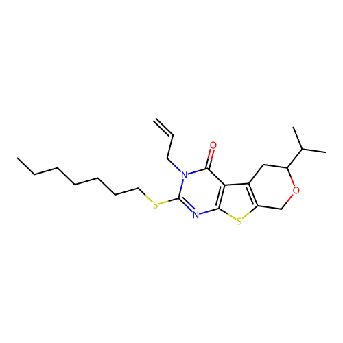 2-(heptylsulfanyl)-6-(propan-2-yl)-3-(prop-2-en-1-yl)-3,5,6,8-tetrahydro-4H-pyrano[4',3':4,5]thieno[2,3-d]pyrimidin-4-one structure