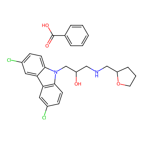 1-(3,6-dichloro-9H-carbazol-9-yl)-3-(((tetrahydrofuran-2-yl)methyl)amino)propan-2-ol benzoate structure
