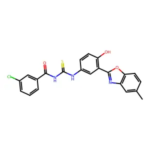 3-chloro-N-((4-hydroxy-3-(5-methylbenzo[d]oxazol-2-yl)phenyl)carbamothioyl)benzamide structure