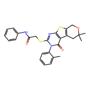 2-{[6,6-dimethyl-3-(2-methylphenyl)-4-oxo-3,5,6,8-tetrahydro-4H-pyrano[4',3':4,5]thieno[2,3-d]pyrimidin-2-yl]sulfanyl}-N-phenylacetamide structure