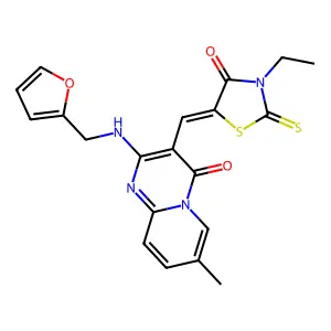 3-[(E)-(3-ethyl-4-oxo-2-thioxo-1,3-thiazolidin-5-ylidene)methyl]-2-[(2-furylmethyl)amino]-7-methyl-4H-pyrido[1,2-a]pyrimidin-4-one structure