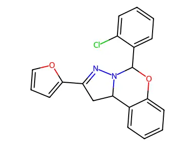 5-(2-chlorophenyl)-2-(furan-2-yl)-5,10b-dihydro-1H-pyrazolo[1,5-c][1,3]benzoxazine structure