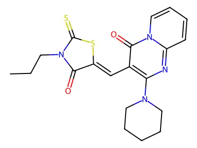 3-[(Z)-(4-oxo-3-propyl-2-thioxo-1,3-thiazolidin-5-ylidene)methyl]-2-(1-piperidinyl)-4H-pyrido[1,2-a]pyrimidin-4-one structure