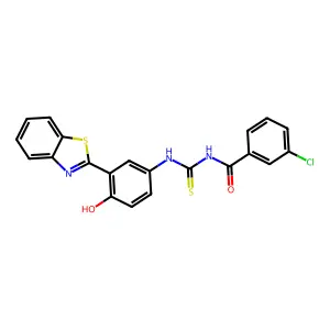 N-((3-(benzo[d]thiazol-2-yl)-4-hydroxyphenyl)carbamothioyl)-3-chlorobenzamide structure