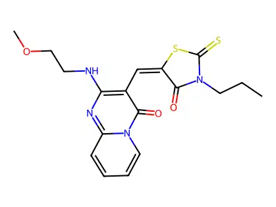 2-[(2-methoxyethyl)amino]-3-[(E)-(4-oxo-3-propyl-2-thioxo-1,3-thiazolidin-5-ylidene)methyl]-4H-pyrido[1,2-a]pyrimidin-4-one structure