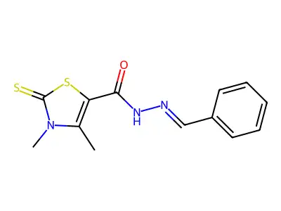 N-[(E)-benzylideneamino]-3,4-dimethyl-2-sulfanylidene-1,3-thiazole-5-carboxamide structure