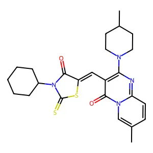 (Z)-3-cyclohexyl-5-((7-methyl-2-(4-methylpiperidin-1-yl)-4-oxo-4H-pyrido[1,2-a]pyrimidin-3-yl)methylene)-2-thioxothiazolidin-4-one structure