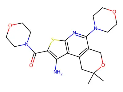 (1-amino-8,8-dimethyl-5-morpholino-8,9-dihydro-6H-pyrano[4,3-d]thieno[2,3-b]pyridin-2-yl)(morpholino)methanone structure
