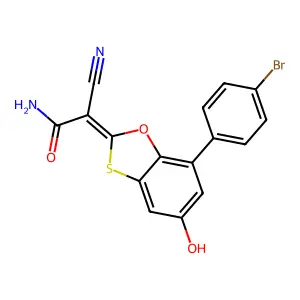 (Z)-2-(7-(4-bromophenyl)-5-hydroxybenzo[d][1,3]oxathiol-2-ylidene)-2-cyanoacetamide structure