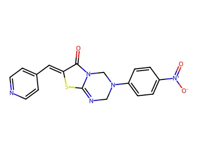 (7Z)-3-(4-nitrophenyl)-7-(pyridin-4-ylmethylidene)-2,4-dihydro-[1,3]thiazolo[3,2-a][1,3,5]triazin-6-one structure