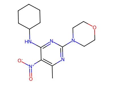 N-cyclohexyl-6-methyl-2-(morpholin-4-yl)-5-nitropyrimidin-4-amine structure