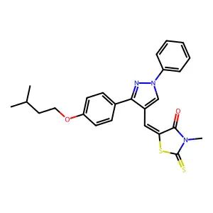 (5Z)-3-methyl-5-[[3-[4-(3-methylbutoxy)phenyl]-1-phenylpyrazol-4-yl]methylidene]-2-sulfanylidene-1,3-thiazolidin-4-one structure