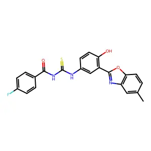 4-fluoro-N-((4-hydroxy-3-(5-methylbenzo[d]oxazol-2-yl)phenyl)carbamothioyl)benzamide structure