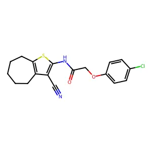 2-(4-chlorophenoxy)-N-(3-cyano-5,6,7,8-tetrahydro-4H-cyclohepta[b]thiophen-2-yl)acetamide structure