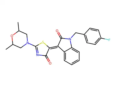 (5Z)-2-(2,6-dimethylmorpholin-4-yl)-5-[1-[(4-fluorophenyl)methyl]-2-oxoindol-3-ylidene]-1,3-thiazol-4-one structure