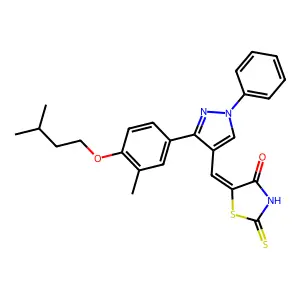 (5Z)-5-[[3-[3-methyl-4-(3-methylbutoxy)phenyl]-1-phenylpyrazol-4-yl]methylidene]-2-sulfanylidene-1,3-thiazolidin-4-one structure
