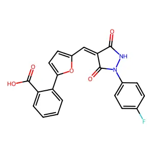 (Z)-2-(5-((1-(4-fluorophenyl)-3,5-dioxopyrazolidin-4-ylidene)methyl)furan-2-yl)benzoic acid structure