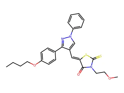 (5Z)-5-[[3-(4-butoxyphenyl)-1-phenylpyrazol-4-yl]methylidene]-3-(2-methoxyethyl)-2-sulfanylidene-1,3-thiazolidin-4-one structure