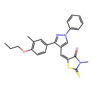 (5Z)-3-methyl-5-[[3-(3-methyl-4-propoxyphenyl)-1-phenylpyrazol-4-yl]methylidene]-2-sulfanylidene-1,3-thiazolidin-4-one structure