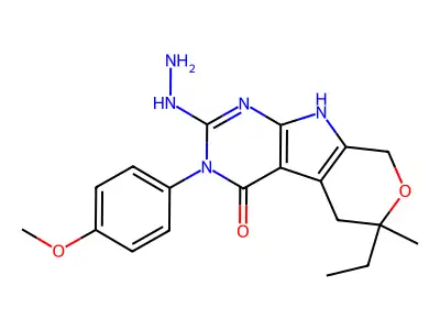 6-ethyl-2-hydrazinyl-3-(4-methoxyphenyl)-6-methyl-5,6,8,9-tetrahydropyrano[4',3':4,5]pyrrolo[2,3-d]pyrimidin-4(3H)-one structure