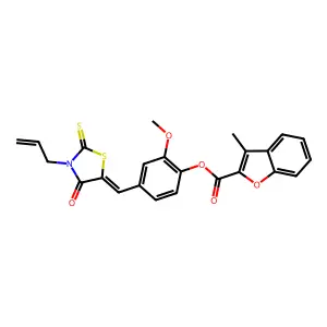 2-methoxy-4-{(Z)-[4-oxo-3-(prop-2-en-1-yl)-2-thioxo-1,3-thiazolidin-5-ylidene]methyl}phenyl 3-methyl-1-benzofuran-2-carboxylate structure