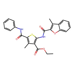 ethyl 4-methyl-2-[(3-methyl-1-benzofuran-2-carbonyl)amino]-5-(phenylcarbamoyl)thiophene-3-carboxylate structure