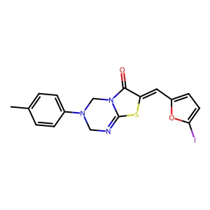 (7Z)-7-[(5-iodofuran-2-yl)methylidene]-3-(4-methylphenyl)-2,4-dihydro-[1,3]thiazolo[3,2-a][1,3,5]triazin-6-one structure