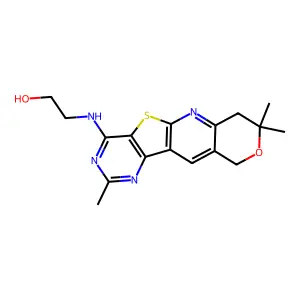 2-((2,8,8-trimethyl-8,10-dihydro-7H-pyrano[3'',4'':5',6']pyrido[3',2':4,5]thieno[3,2-d]pyrimidin-4-yl)amino)ethanol structure