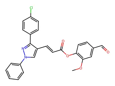 (4-formyl-2-methoxyphenyl) (E)-3-[3-(4-chlorophenyl)-1-phenylpyrazol-4-yl]prop-2-enoate structure