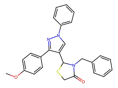 3-Benzyl-2-[3-(4-methoxyphenyl)-1-phenylpyrazol-4-yl]-1,3-thiazolidin-4-one structure