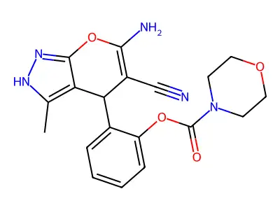 2-(6-amino-5-cyano-3-methyl-1,4-dihydropyrano[2,3-c]pyrazol-4-yl)phenyl morpholine-4-carboxylate structure